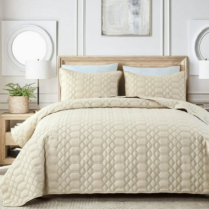 Queen Size Quilt Set, Greagle 3-Piece Ultrasonic Reversible Lightweight Bedspread Soft Warm Velvet Machine Washable Bedding Set with 2-Piece Pillow Shams, 90 x 90 in, Beige