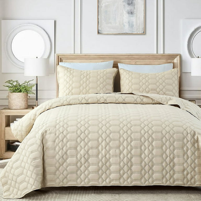 Queen Size Quilt Set, Greagle 3-Piece Ultrasonic Reversible Lightweight Bedspread Soft Warm Velvet Machine Washable Bedding Set with 2-Piece Pillow Shams, 90 x 90 in, Beige
