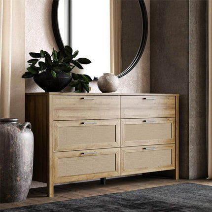 Queer Eye Wimberly 6 Drawer Dresser, Natural with Faux Rattan