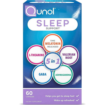 Qunol Sleep Support, 5 in 1 Non-Habit Forming Sleep Aid, Supplement with time-released Melatonin 5mg, Ashwagandha, GABA, Valerian Root, L-Theanine, 60ct Capsules