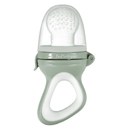 RaZbaby Fruit Feeder/Teether 6m+, Add Frozen Fruit or Fresh Food | Silicone Pouch | BPA Free | Grey