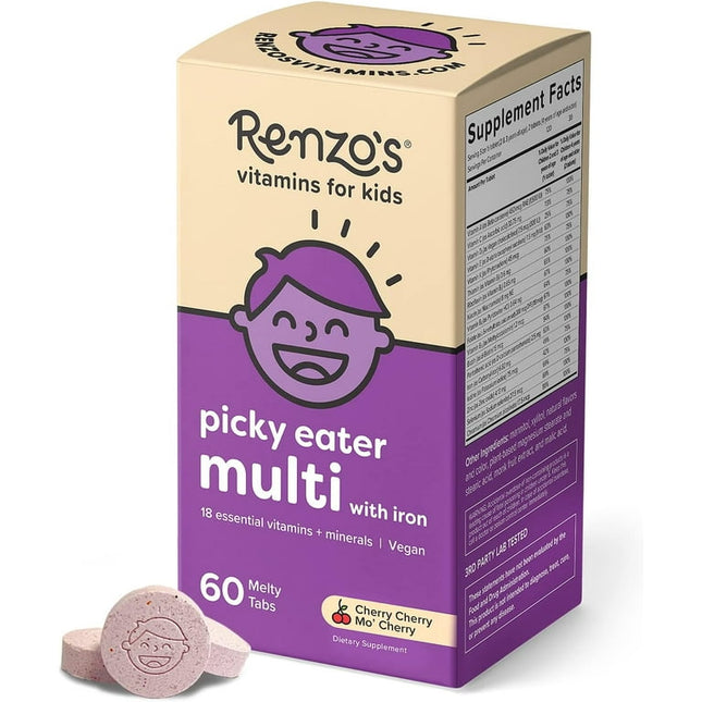 Renzo's Picky Eater Kids Multivitamin with Iron for Immune Support, 60 Tablets, Cherry Flavor