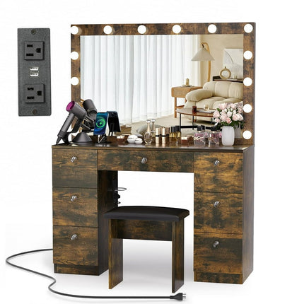 RichYa Vanity with Lighted Mirror Makeup Vanity Desk with Power Outlet and LED Bulbs 3 Color Lighting Modes Adjustable Brightness, 7 Drawers Vanity Table with Cushioned Stool Rustic Brown