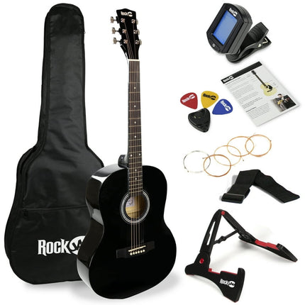 RockJam Black Acoustic Guitar Kit with Guitar Tuner, Guitar Bag & Guitar Stand