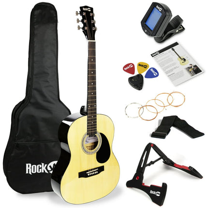 RockJam Natural Acoustic Guitar Kit with Guitar Tuner, Guitar Bag & Guitar Stand