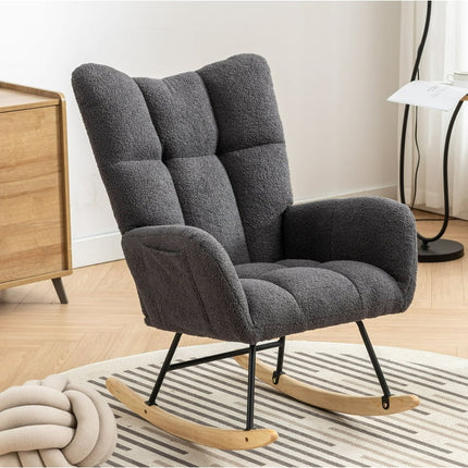 Rocking Chair Nursery,Modern Accent Rocking Chair with High Backrest,Teddy Fabric Upholstered Nursery Glider Rocker for Nursery,Living Room, Bedroom,Dark Gray