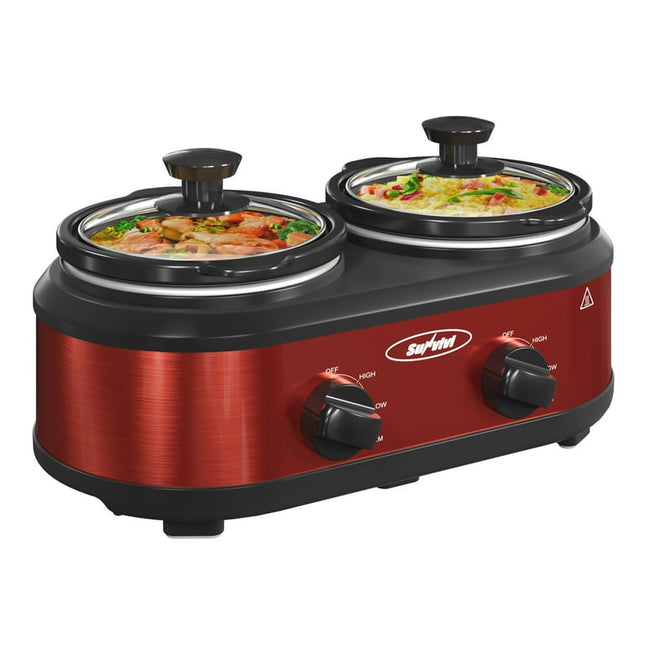 Royalcraft Double Slow Cooker,2 Pot Small Mini Crock Buffet Servers and Warmer,Dual Pot Oval Manual Slow Cooker with Adjustable Temp Removable Ceramic Pot,Stainless Steel, Total 2.5 Quarts Red