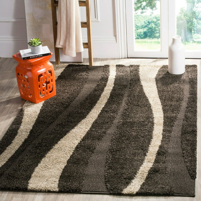 SAFAVIEH Florida Ellen Abstract Shag Area Rug, Dark Brown/Beige, 6' x 9'
