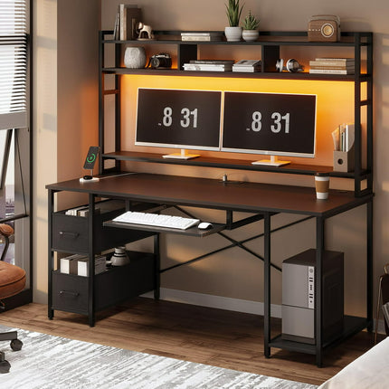 SEDETA 55" Computer Desk with Drawer and Power Outlet, Gaming Desk with LED Lights and Hutch, Computer Desk with Storage Shelves and Monitor Stand, Black