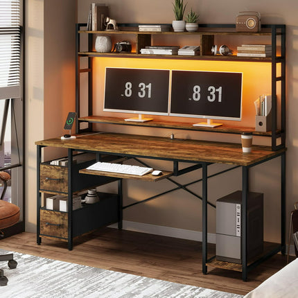 SEDETA 55" Computer Desk with Drawer and Power Outlet, Gaming Desk with LED Lights and Hutch, Computer Desk with Storage Shelves and Monitor Stand, Rustic Brown