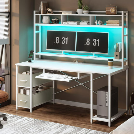 SEDETA White Computer Desk with Hutch and Drawer, 55" White Gaming Desk with LED Lights & Power Outlet, Home Office Desks with Storage Shelves, Bookshelf, Monitor & CPU Stand, Gamer Desk PC Table