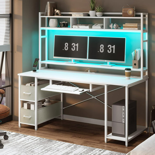 SEDETA White Computer Desk with Hutch and Drawer, 55" White Gaming Desk with LED Lights & Power Outlet, Home Office Desks with Storage Shelves, Bookshelf, Monitor & CPU Stand, Gamer Desk PC Table