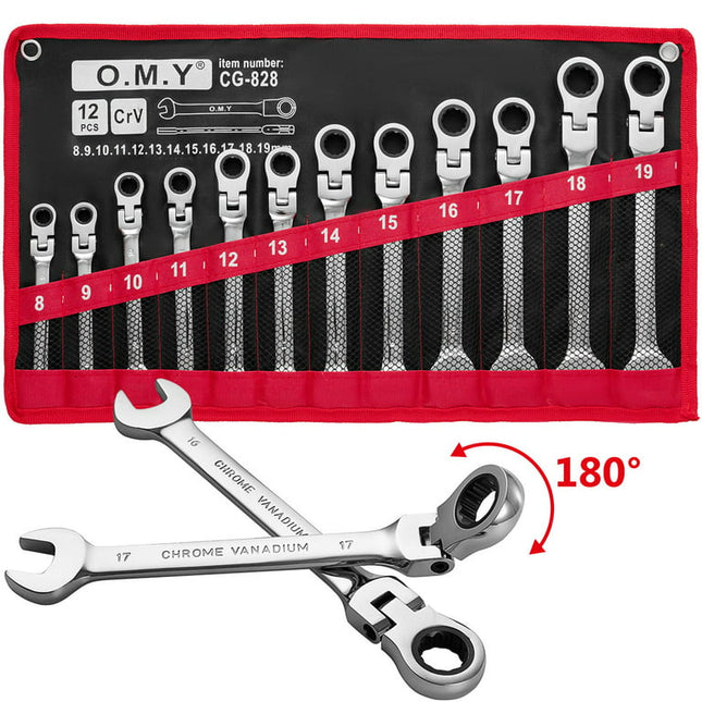 SHZOND 12 Pcs Ratchet Wrench Set 8-19mm Metric Combination Spanner Flexible Head Wrenches Kit