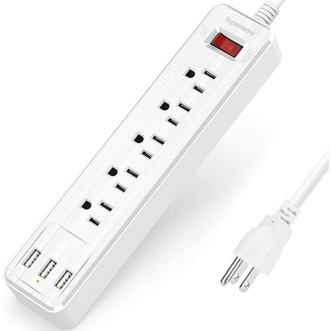 SUPERDANNY Power Strip Surge Protector 5 Outlets 3 USB Ports Wall Mountable 4.5 Ft Extension Cord White
