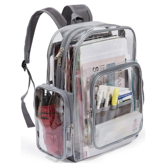 Sanmadrola Large Clear Backpack Heavy Duty Stadium Approved School Bookbag Waterproof PVC Transparent Backpacks for Kids Adults Clear Bag with Reinforced Strap for School, Travel, Gray