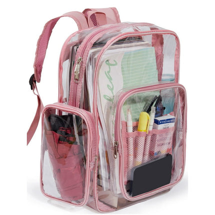 Sanmadrola Large Clear Backpack Heavy Duty Stadium Approved School Bookbag Waterproof PVC Transparent Backpacks for Kids Adults Clear Bag with Reinforced Strap for School, Travel, Pink