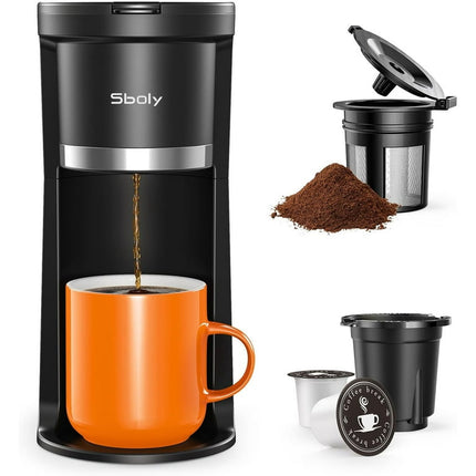 Sboly Single Serve Coffee Maker, Instant Coffee Maker One Cup for K Cup & Ground Coffee, 6 to 12 Oz Brew Sizes, Capsule Coffee Machine with Water Window and Descaling Reminder, Black