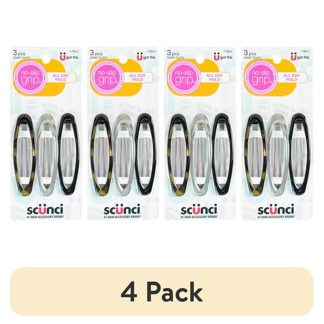 (4 pack) Scunci Classic No-Slip Snap Clip Barrettes, Grey Steel, Deep Sand, and Tortoise Shell, 3 Ct