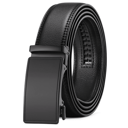 Sendefn Men's Leather Belt Automatic Ratchet Buckle Slide Belt for Dress Casual Trim to Fit with Gift Box(A-black-31,28'' to 46'' WAIST ADJUSTABLE)