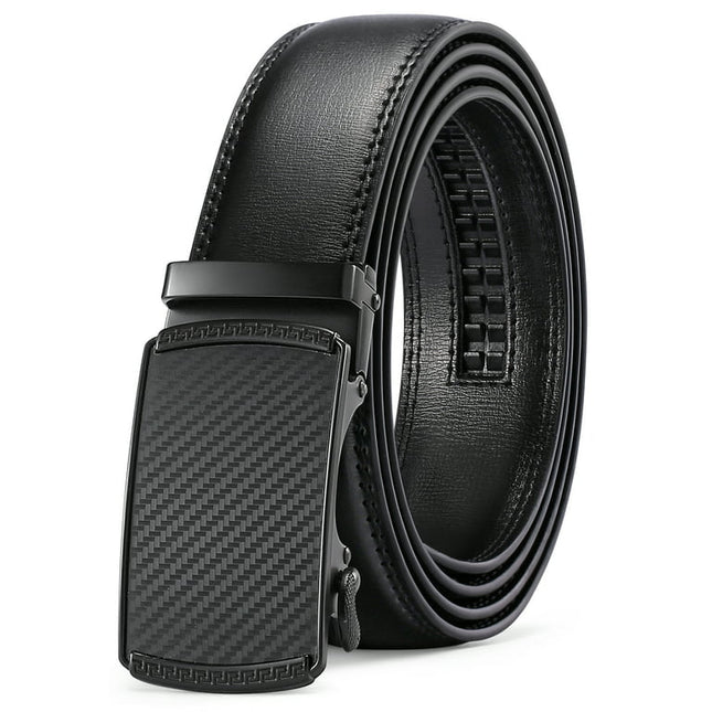 Sendefn Men's Leather Belt Automatic Ratchet Buckle Slide Belt for Dress Casual Trim to Fit with Gift Box(B-black-20,34'' to 52'' WAIST ADJUSTABLE)
