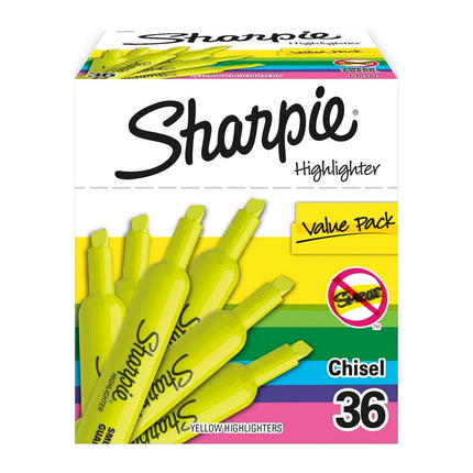Sharpie Tank Style Highlighters, Chisel Tip, Fluorescent Yellow, 36 Count