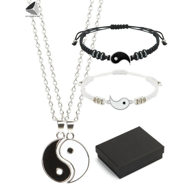 Sixtyshades 4 Pcs Yin Yang Necklace Bracelect for Couple Friends Best Jewelry Gifts Christmas Anniversary Valentine's Day