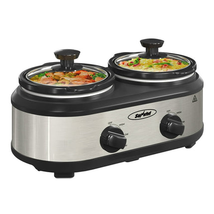 Small Double Slow Cooker, 2 Pot 1.25 Quart Oval Crock Food Warmer Buffet Server, Stainless Steel