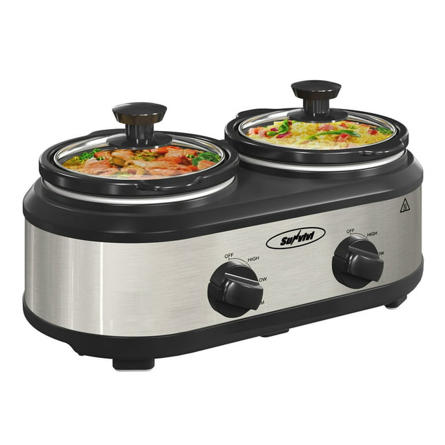 Small Double Slow Cooker, 2 Pot 1.25 Quart Oval Crock Food Warmer Buffet Server, Stainless Steel
