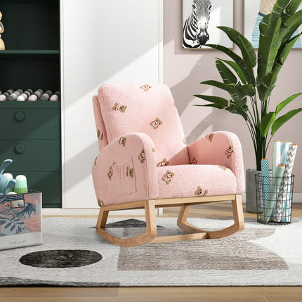 SoTop 26.8"W Modern Rocking Chair Nursery Rocking Armchair With Side Pocket Upholstered High Back Wooden Rocking Chair for Living Room Baby Kids Room Bedroom