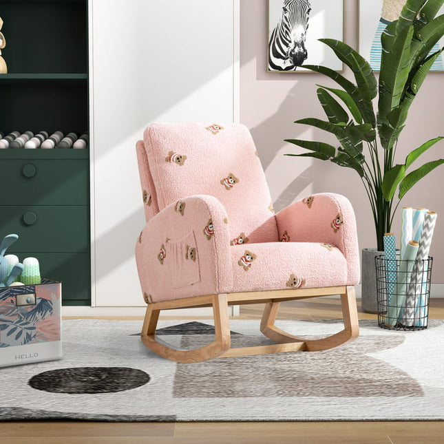 SoTop 26.8"W Modern Rocking Chair Nursery Rocking Armchair With Side Pocket Upholstered High Back Wooden Rocking Chair for Living Room Baby Kids Room Bedroom