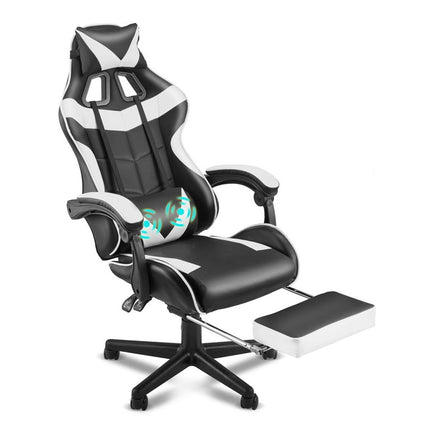 Soontrans Gaming Office Chair with Footrest, Ergonomic Leather Massage Game Chair with Lumbar Support & Headrest, White