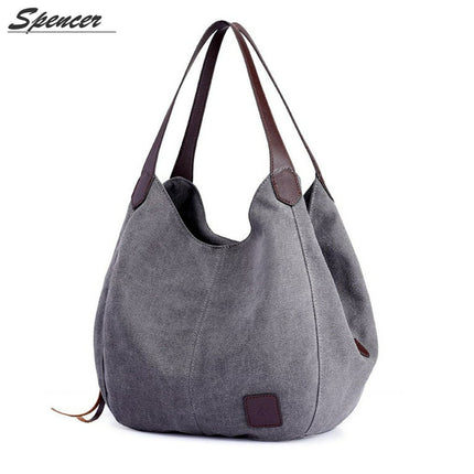 Spencer Women's Multi-pocket Shoulder Bag Fashion Cotton Canvas Handbag Tote Purse Satchel Travel Bag "Gray"