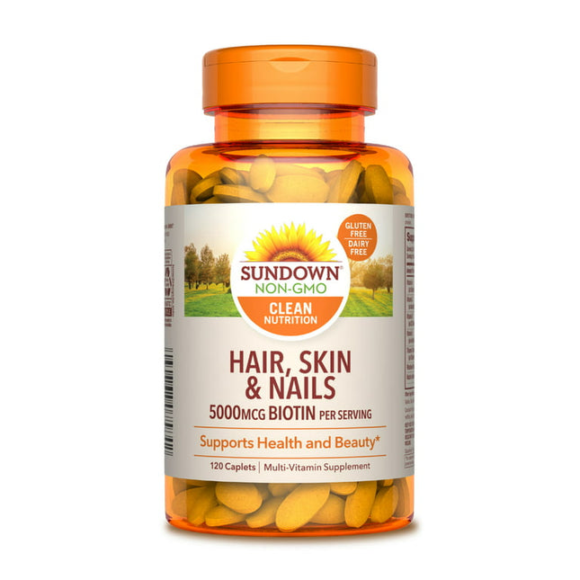Sundown Hair, Skin And Nails, Biotin 5000 mcg, 17 Essential Nutrients to Support Health And Beauty, 120 Caplets