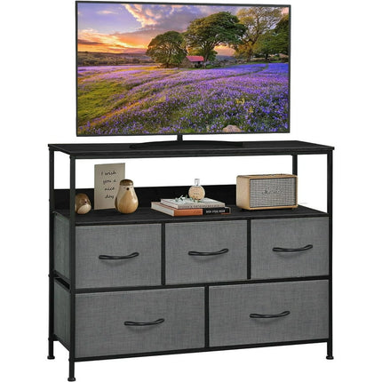 TV Stand for TVs up to 45",Dresser Drawers Entertainment Center with Shelves, Storage Console Table with 5 Fabric Drawers for Bedroom, Living Room, Entryway, Hallway, Grey