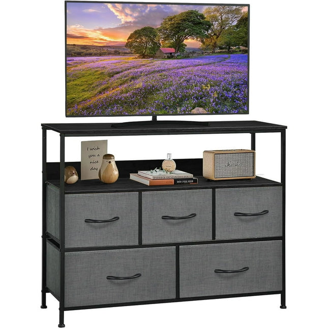 TV Stand for TVs up to 45",Dresser Drawers Entertainment Center with Shelves, Storage Console Table with 5 Fabric Drawers for Bedroom, Living Room, Entryway, Hallway, Grey
