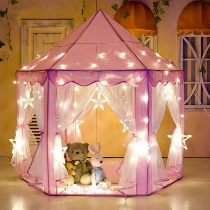 Tents for Girls, Outdoor Indoor Portable Folding Princess Castle Tent Kids Children Funny Play Fairy House Kids Play Tent(LED Star Lights)