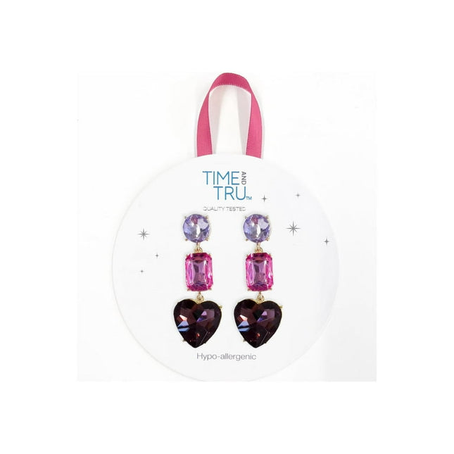 Time and Tru Adult Ladies Purple Pink Wine Stone Heart Drop Earring, 1 pack, Single Pair Earring