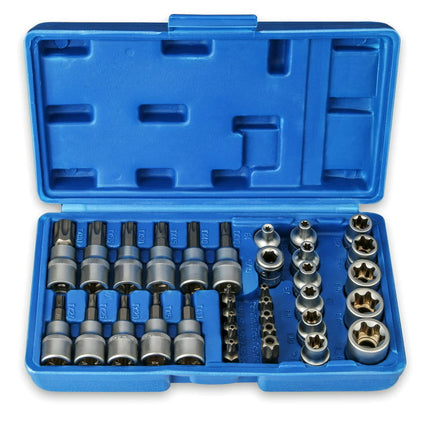 Tonsiki 34pcs 3/8" Drive Torx Bit Socket & E-Torx Star Socket Set, Female External Torx Socket E4-E20,Torx Bit Socket T10-T60