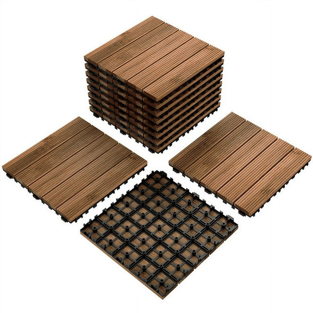 Topeakmart 12x12″Wood Deck Tiles Strip Pattern Set of 11, Brown