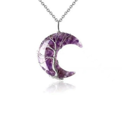 Tree Life Wire Wrapped Crescent Moon Stone Pendant Necklaces 7 Chakra Healing Crystal Bracelet Set Natural Resin Reiki Spiritual Quartz Gemstone Jewelry for Women Men