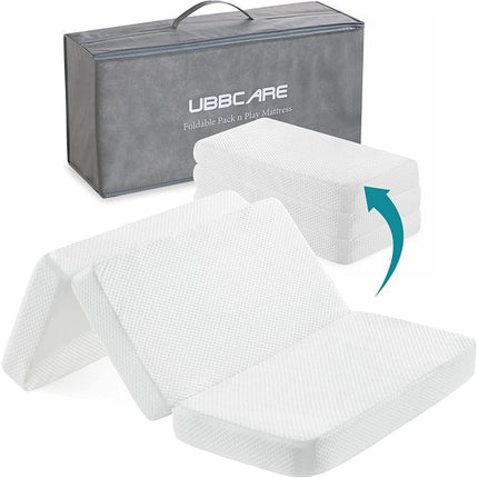 Tri-Fold Pack and Play Mattress, Portable Memory Foam Crib Mattress, 3" Soft Playard Mattress Topper with Washable Cover & Storage Bag