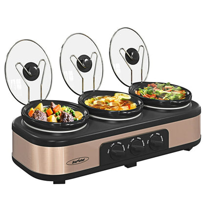 Triple Slow Cooker with 3 Spoons, 3 Pot 1.5 Quart Oval Crockpot Food Warmer Buffet Server, Brown