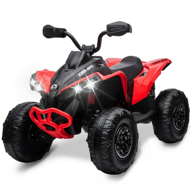 Tuekys Kids ATV, 12V Ride on Car Bombardier Licensed BRP Can-Am 4 Wheeler Quad Electric Vehicle with LED Lights, Full Metal Suspensions, Bluetooth, Music, USB, Treaded Tires, Red