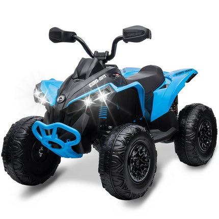 Tuekys Kids ATV, 12V Ride on Car Bombardier Licensed BRP Can-am 4 Wheeler Quad Electric Vehicle, w/LED Lights, Full Metal Suspensions, Bluetooth, Music, USB, Treaded Tires, Blue
