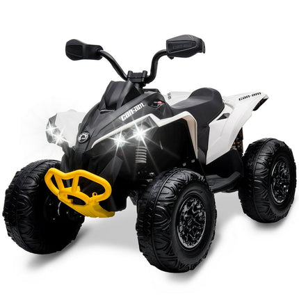 Tuekys Kids ATV, 12V Ride on Car Bombardier Licensed BRP Can-am 4 Wheeler Quad Electric Vehicle, w/LED Lights, Full Metal Suspensions, Bluetooth, Music, USB, Treaded Tires, White