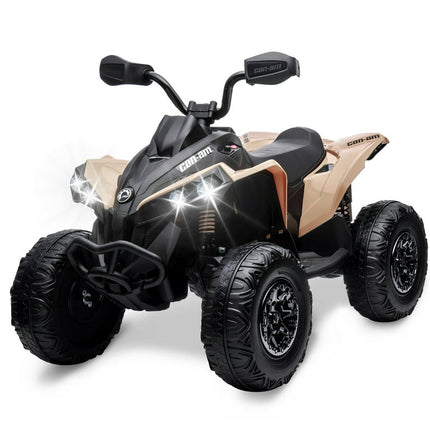 Tuekys Kids ATV, 12V Ride on Car Bombardier Licensed BRP Can-am 4 Wheeler Quad Electric Vehicle, w/LED Lights, Full Metal Suspensions, Bluetooth, Music, USB, Treaded Tires, Khaki