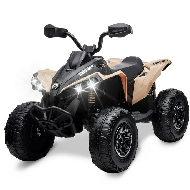 Tuekys Kids ATV, 12V Ride on Car Bombardier Licensed BRP Can-am 4 Wheeler Quad Electric Vehicle, w/LED Lights, Full Metal Suspensions, Bluetooth, Music, USB, Treaded Tires, Khaki