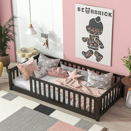Twin Floor Bed with Fence for Kids, Solid Pine Wood Montessori Bed Frame with Guardrails and Slats System, Playhouse Design Platform Bed for Children Bedroom, Espresso