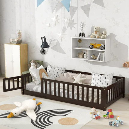 Twin Floor Bed Frame for Toddler, Montessori Floor Bed with Fence and Wood Slats, Low Wood Platform Beds for Girls Boys Kids Happy Time, Espresso