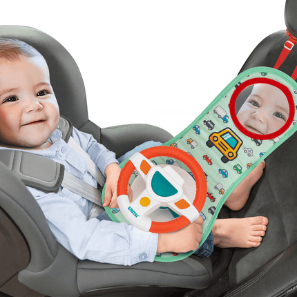 UNIH Travel Baby Toys for Rear Car Seat, Car Seat Toy With Steering Wheel, Mirror, Music Lights and Driving Sounds, Infants Carseat Toys for Babies 6 to 12 Months Boys Girls
